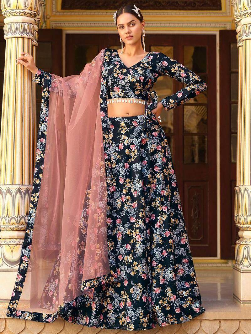Incredible Black Floral Printed Silk Lehenga Choli With Dupatta