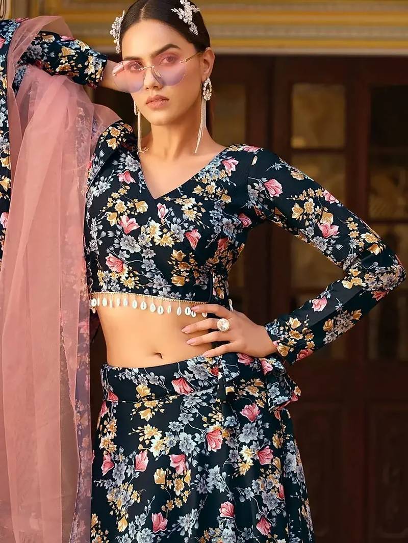 Incredible Black Floral Printed Silk Lehenga Choli With Dupatta