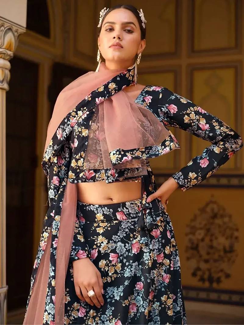 Incredible Black Floral Printed Silk Lehenga Choli With Dupatta