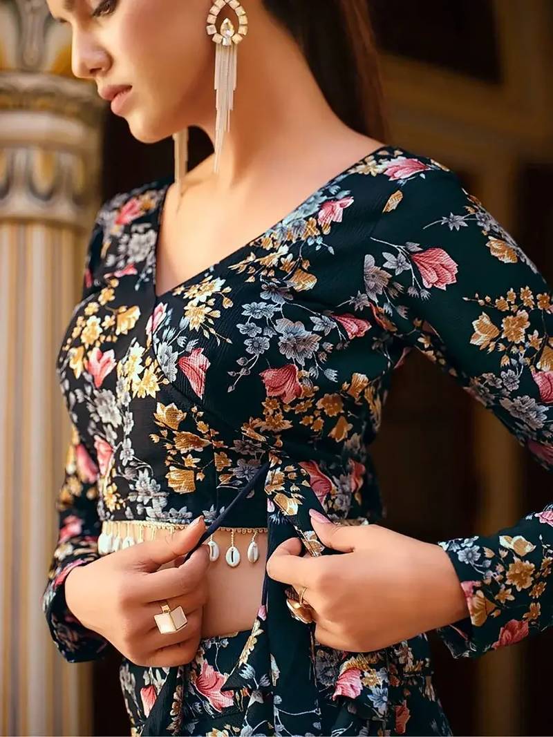 Incredible Black Floral Printed Silk Lehenga Choli With Dupatta