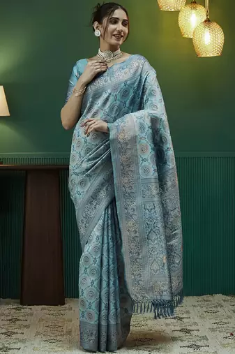 sky blue silk blend banarasi saree with unstitched blouse piece