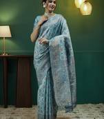 sky blue  soft art silk blend banarasi jacuard work designer party wear saree with unstitched blouse piece