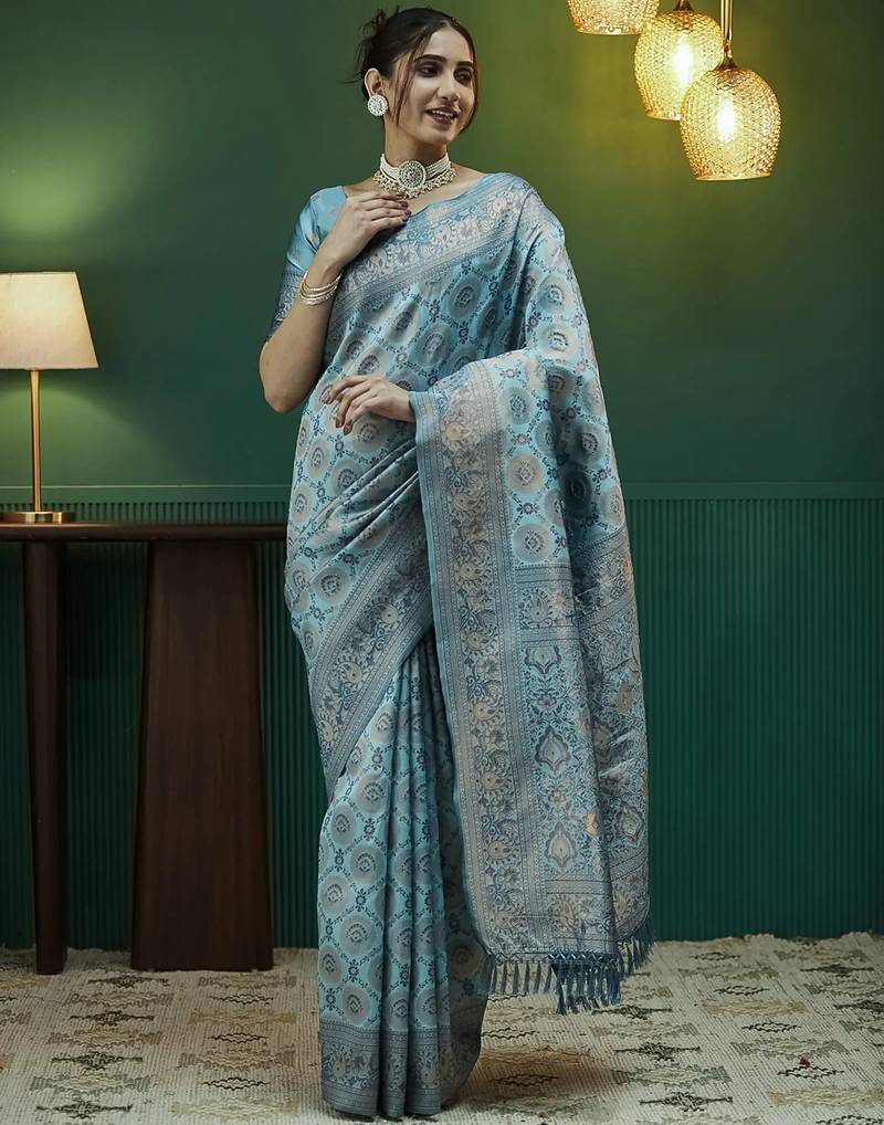 sky blue  soft art silk blend banarasi jacuard work designer party wear saree with unstitched blouse piece