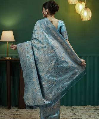sky blue silk blend banarasi saree with unstitched blouse piece 3