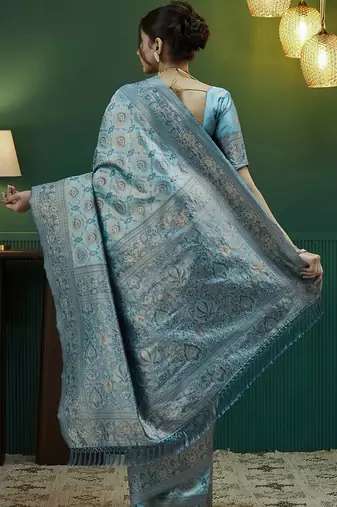 sky blue silk blend banarasi saree with unstitched blouse piece