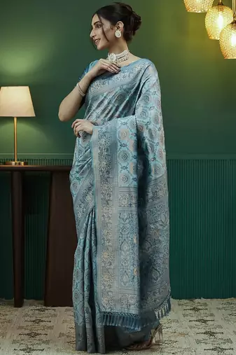 sky blue silk blend banarasi saree with unstitched blouse piece