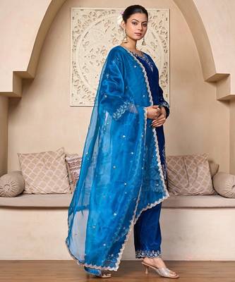 Royal Blue Velvet Straight-Cut Suit 1