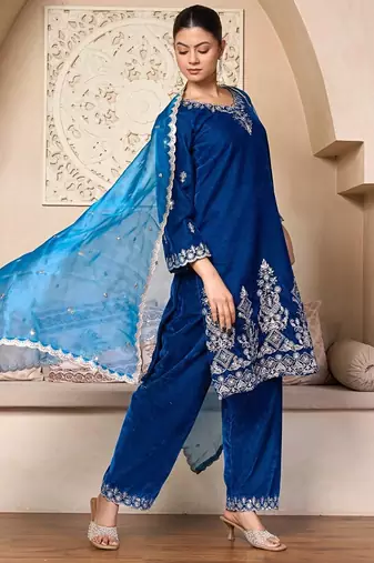 Royal Blue Velvet Straight-Cut Suit