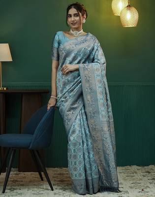 sky blue silk blend banarasi saree with unstitched blouse piece 1