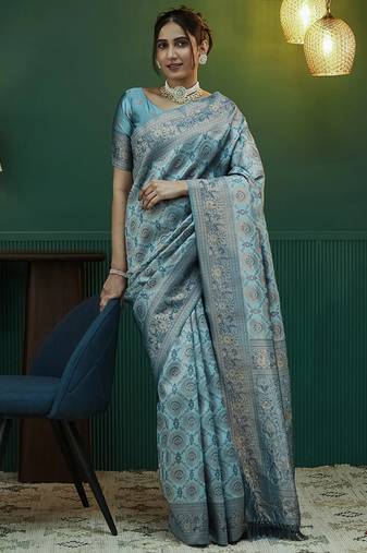 sky blue  soft art silk blend banarasi jacuard work designer party wear saree with unstitched blouse piece