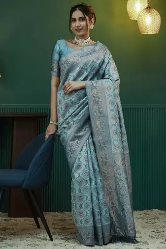 sky blue  soft art silk blend banarasi jacuard work designer party wear saree with unstitched blouse piece