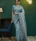 sky blue silk blend banarasi saree with unstitched blouse piece