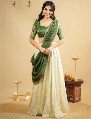 off white silk lehenga with green zari blouse 2