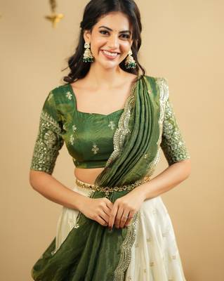 off white silk lehenga with green zari blouse 3