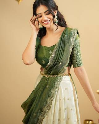 off white silk lehenga with green zari blouse 4