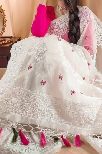 Off White Color Floral Embroidered Organza Silk  Saree