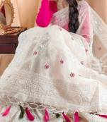 Off White Color Floral Embroidered Organza Silk  Saree