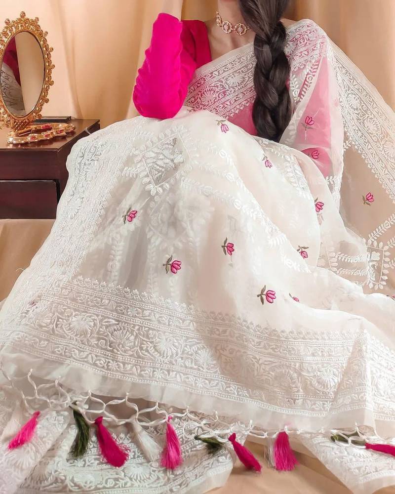 Off White Color Floral Embroidered Organza Silk  Saree