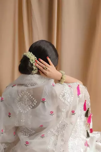 Off White Color Floral Embroidered Organza Silk  Saree