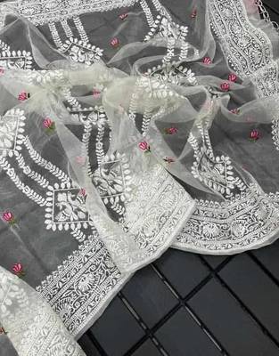 Off White Color Floral Embroidered Organza Silk  Saree 5