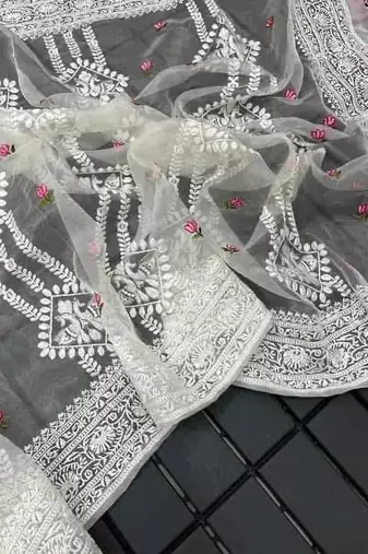 Off White Color Floral Embroidered Organza Silk  Saree