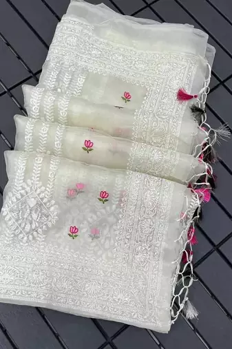 Off White Color Floral Embroidered Organza Silk  Saree