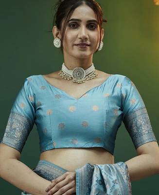 sky blue silk blend banarasi saree with unstitched blouse piece 5
