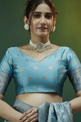sky blue silk blend banarasi saree with unstitched blouse piece