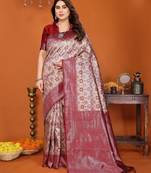 cream red soft art silk blend banarasi jacuard work designer party wear saree with unstitched blouse piece