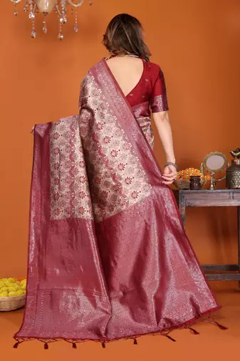 cream red silk blend banarasi saree with unstitched blouse piece