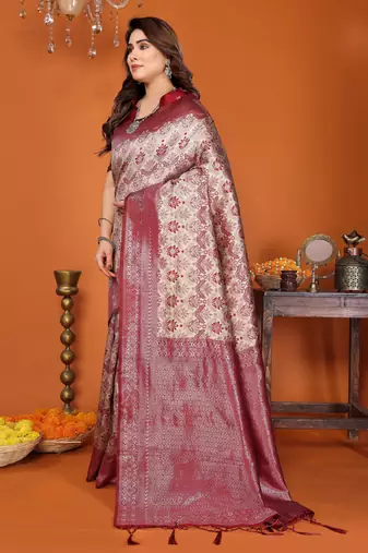 cream red silk blend banarasi saree with unstitched blouse piece
