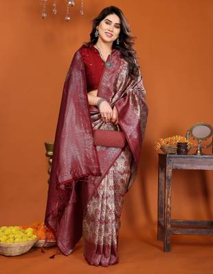 cream red silk blend banarasi saree with unstitched blouse piece 1