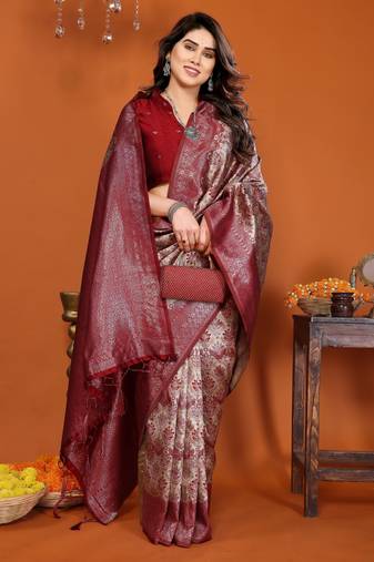 cream red soft art silk blend banarasi jacuard work designer party wear saree with unstitched blouse piece