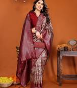 cream red soft art silk blend banarasi jacuard work designer party wear saree with unstitched blouse piece