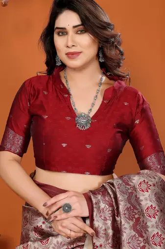 cream red silk blend banarasi saree with unstitched blouse piece
