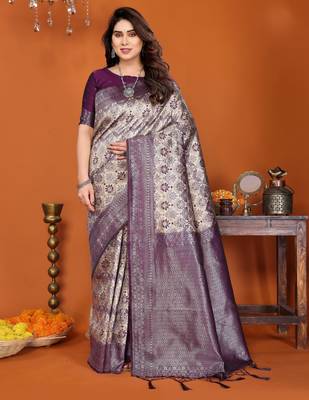 cream wine silk blend banarasi saree with unstitched blouse piece 1
