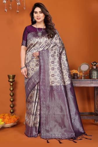 cream wine  soft art silk blend banarasi jacuard work designer party wear saree with unstitched blouse piece