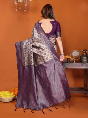 cream wine silk blend banarasi saree with unstitched blouse piece 2