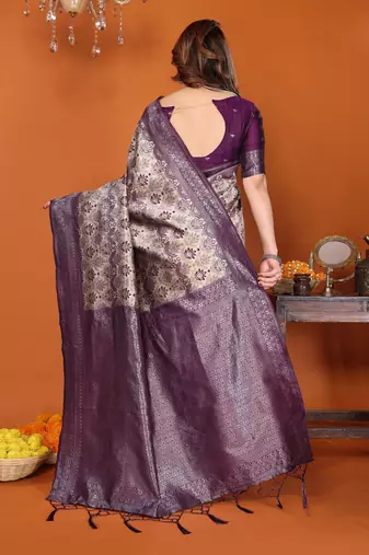 cream wine silk blend banarasi saree with unstitched blouse piece