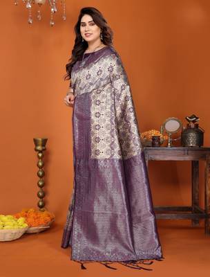 cream wine silk blend banarasi saree with unstitched blouse piece 3