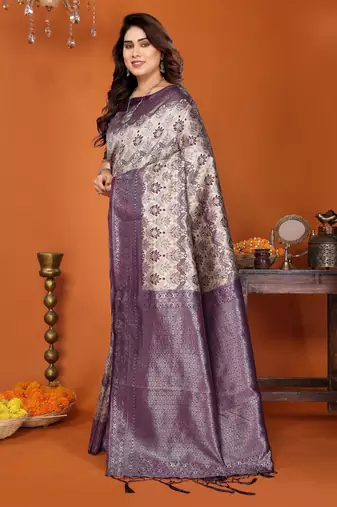 cream wine silk blend banarasi saree with unstitched blouse piece