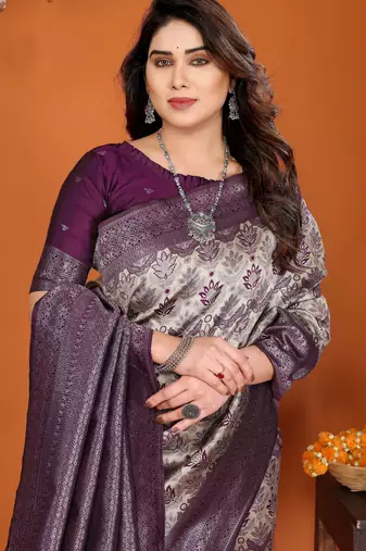 cream wine silk blend banarasi saree with unstitched blouse piece