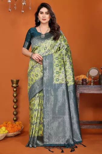 lemon morpich  soft art silk blend banarasi jacuard work designer party wear saree with unstitched blouse piece