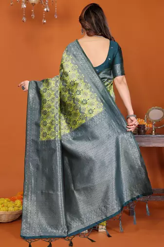 lemon morpich silk blend banarasi saree with unstitched blouse piece