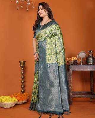 lemon morpich silk blend banarasi saree with unstitched blouse piece 4