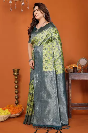 lemon morpich silk blend banarasi saree with unstitched blouse piece