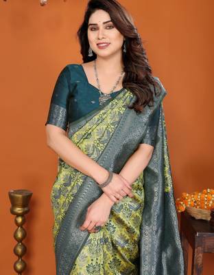 lemon morpich silk blend banarasi saree with unstitched blouse piece 1