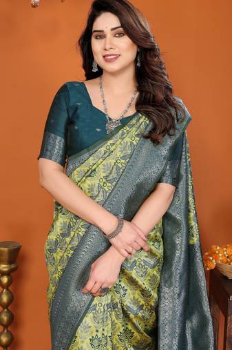 lemon morpich  soft art silk blend banarasi jacuard work designer party wear saree with unstitched blouse piece