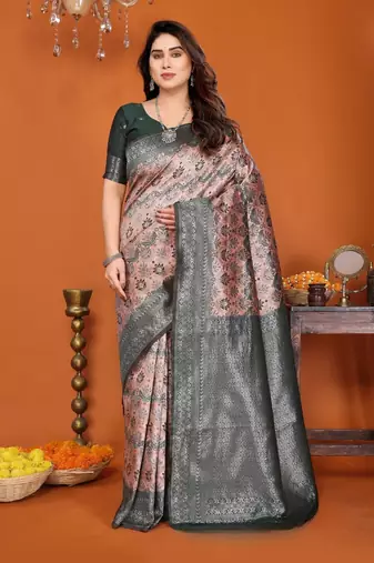 orange green silk blend banarasi saree with unstitched blouse piece