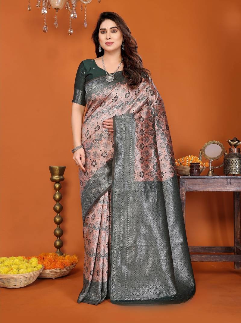 orange green silk blend banarasi saree with unstitched blouse piece